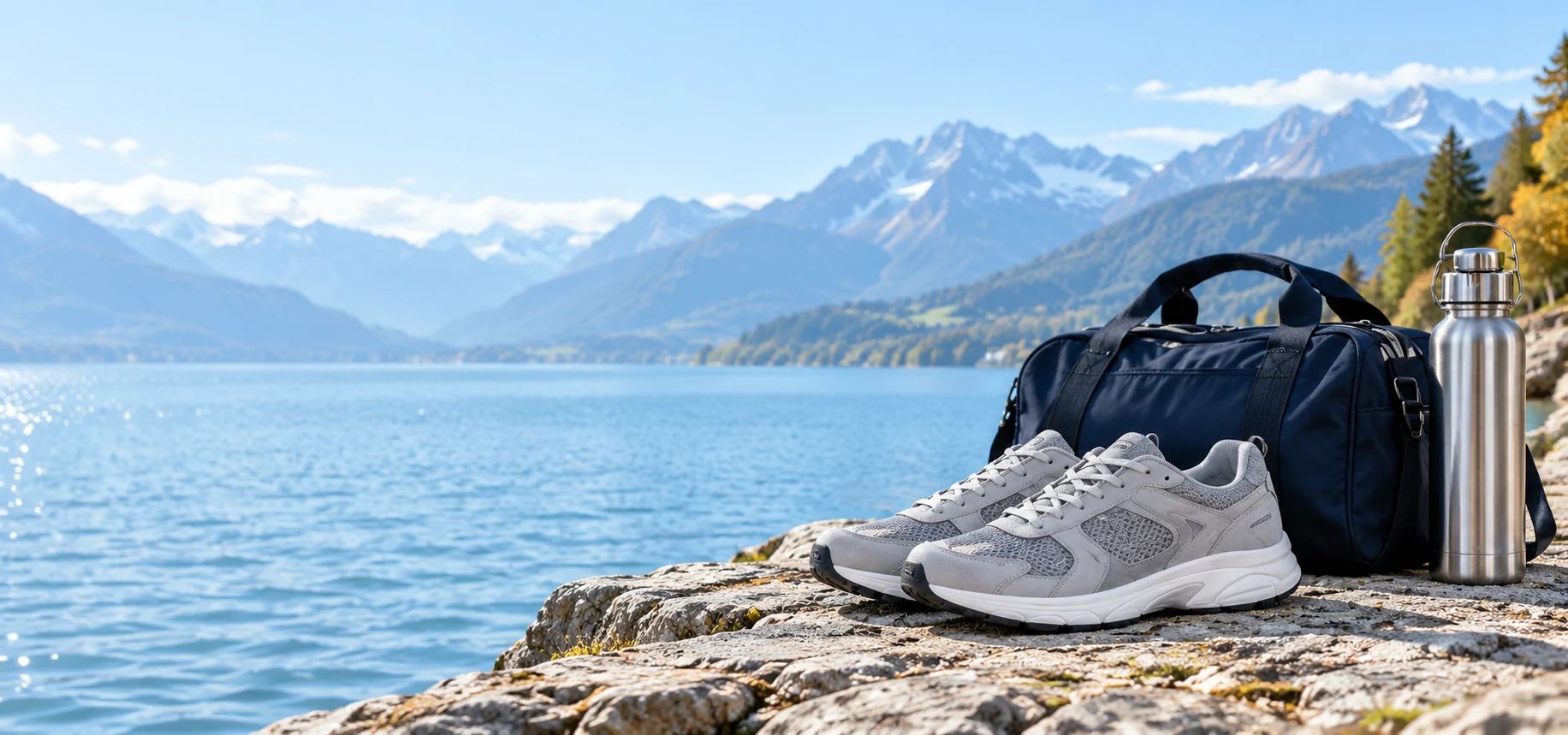 Schuhe und Reisetasche als Inspiration für einen Tag draußen