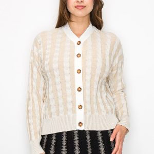 Beige Kabelstrick Streifen Strickjacke – 7833650823228