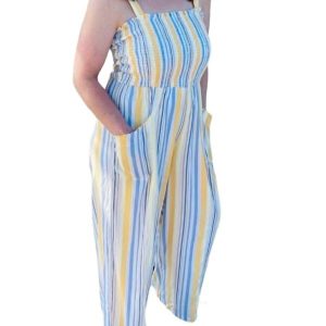 Smocked Jumpsuit in gelbe und blaue Streifen 7765075853372
