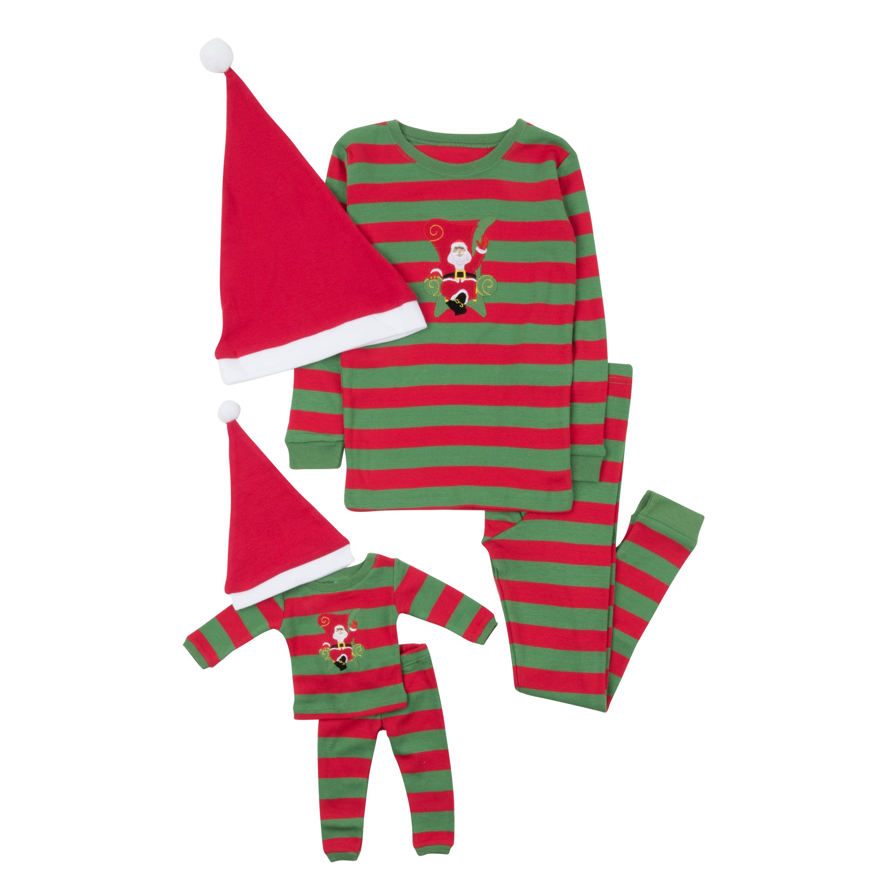 Christmas Mädchen und passende Puppe Baumwolle Pyjama gestreift Santa rot und grün mit Hut