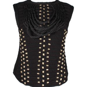 Balmain x H&M Rope Trimmed Goldring verziert Bluse in schwarzer Viskose 7748645322812