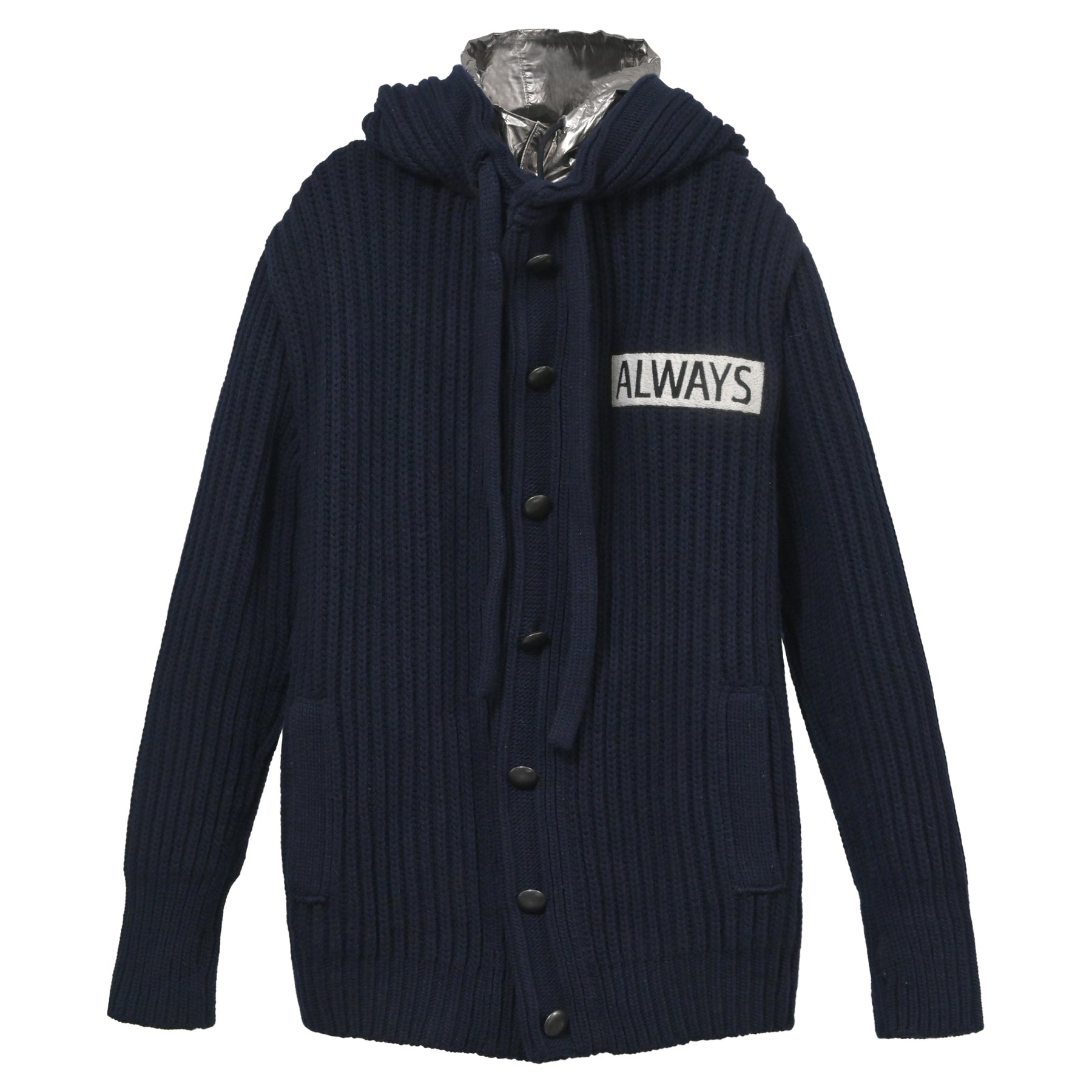 Valentino Garavani All Ways Strickjacke mit Metallic Kapuze aus blauer Wolle 7748646535228