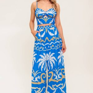 EVENING blau gewebt crop top und hose set