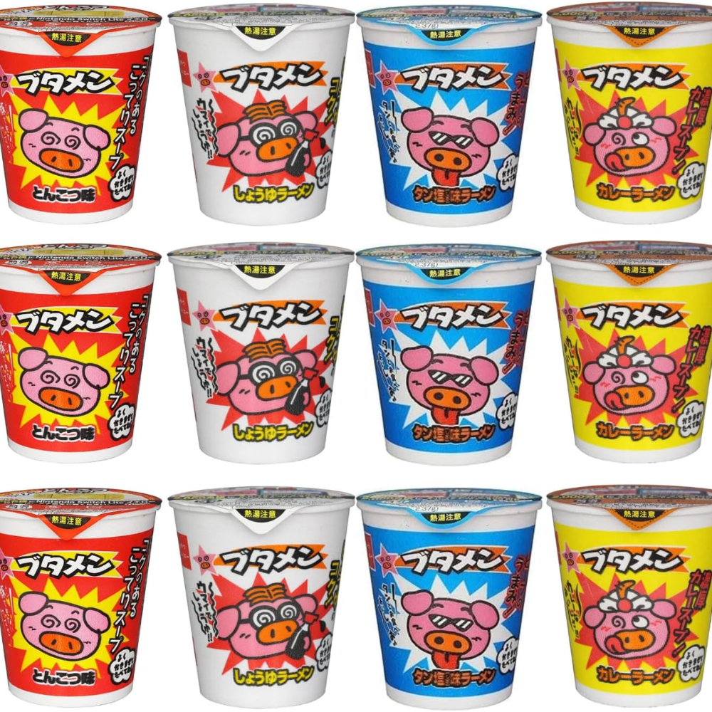 Oyatsu Company Butamen 4 Flavors 12-Cup Instant-Ramen-Sortimentpackung (Tonkotsu, gesalzene Zunge, Sojasauce, Curry) – in Japan – Tokyo Sakura Mall