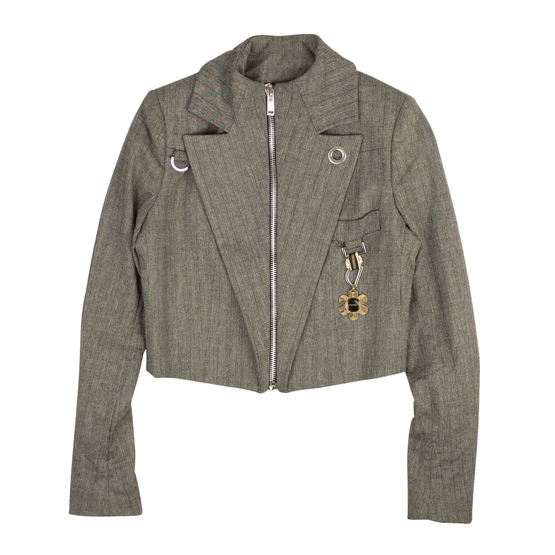 Grauer Medaillen-Blazer mit Nadelstreifen und Reißverschluss