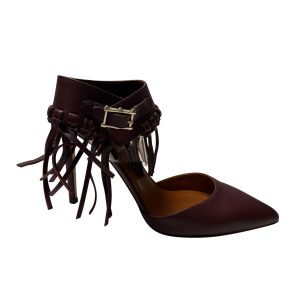 Valentino C-Rockee Fringe Ankle Strap Sandalen aus burgundischem Leder 7766495395900