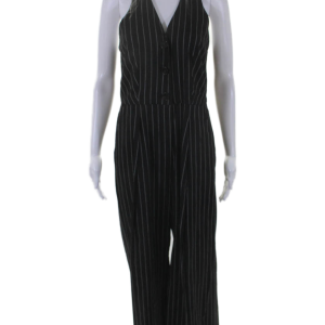 Marella Damen Leinen gestreift ärmellos geknöpft gerader Jumpsuit schwarz 7833413386300