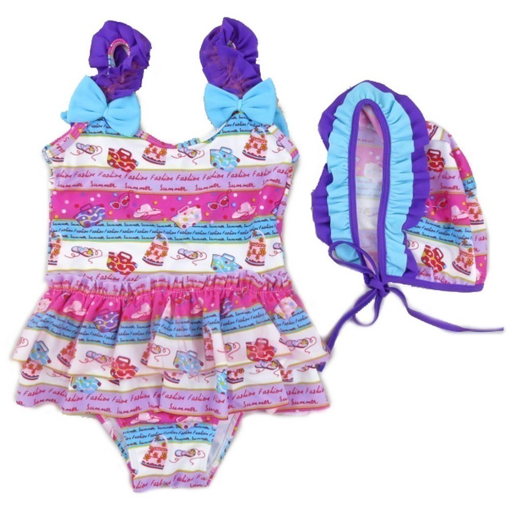 Badeanzug für kleine Mädchen, lila, blau, Modedruck, Rüschenkappe, 2T-7