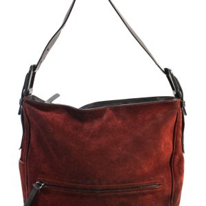 Hogan Damen-Umhängetasche mit Reißverschluss oben, Lederbesatz und Wildleder, Rotbraun