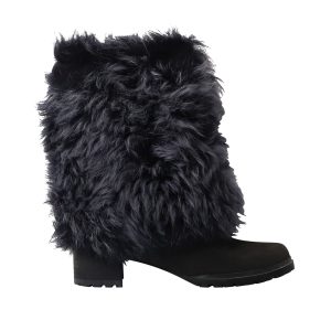 Stuart Weitzman Mittelhohe Pelzstiefel „Blizzard“ aus schwarzem Wildleder