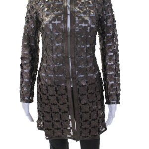 In Transit 2 Damen Bronze Leder Mesh Rundhalsausschnitt lange Ärmel Jacke – 7833678315580