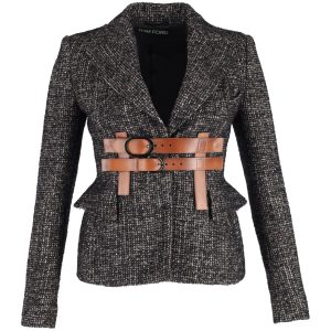 Tom Ford Couture Tweed-Jacke mit Lederbesatz aus grauer Wolle