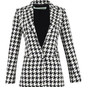 Cremeweißer Hahnentritt-Blazer aus schwarzer und weißer Wolle