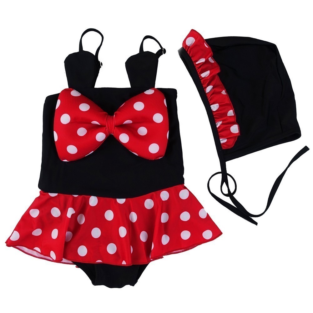 Badeanzug für kleine Mädchen, rot, schwarz, gepunktet, mit Schleife, Mickey-Cap, 2T-7