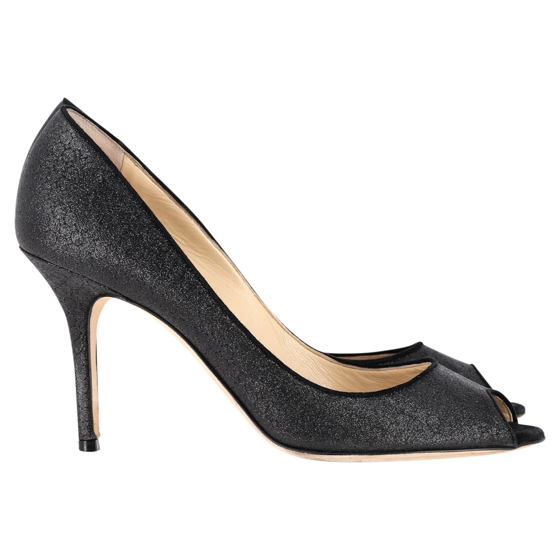 Jimmy Choo Evelyn Peep Toe Pumps in schwarzem Glitzer Wildleder
