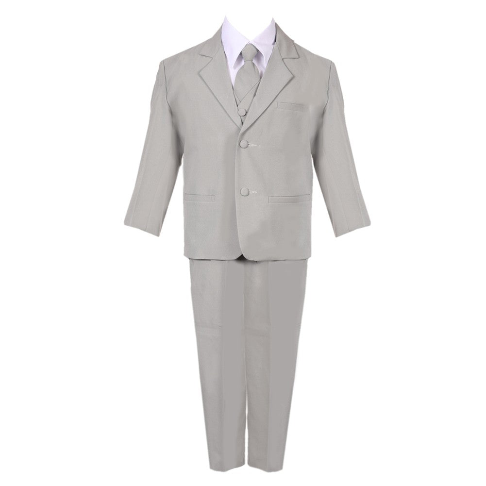 Silberner 5-teiliger klassischer Anzug für große Jungen, Weste, Jacke, Hose, für besondere Anlässe, 8–20