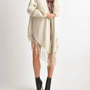 Angel Langarm Strickjacke mit Fransen Saum in beige