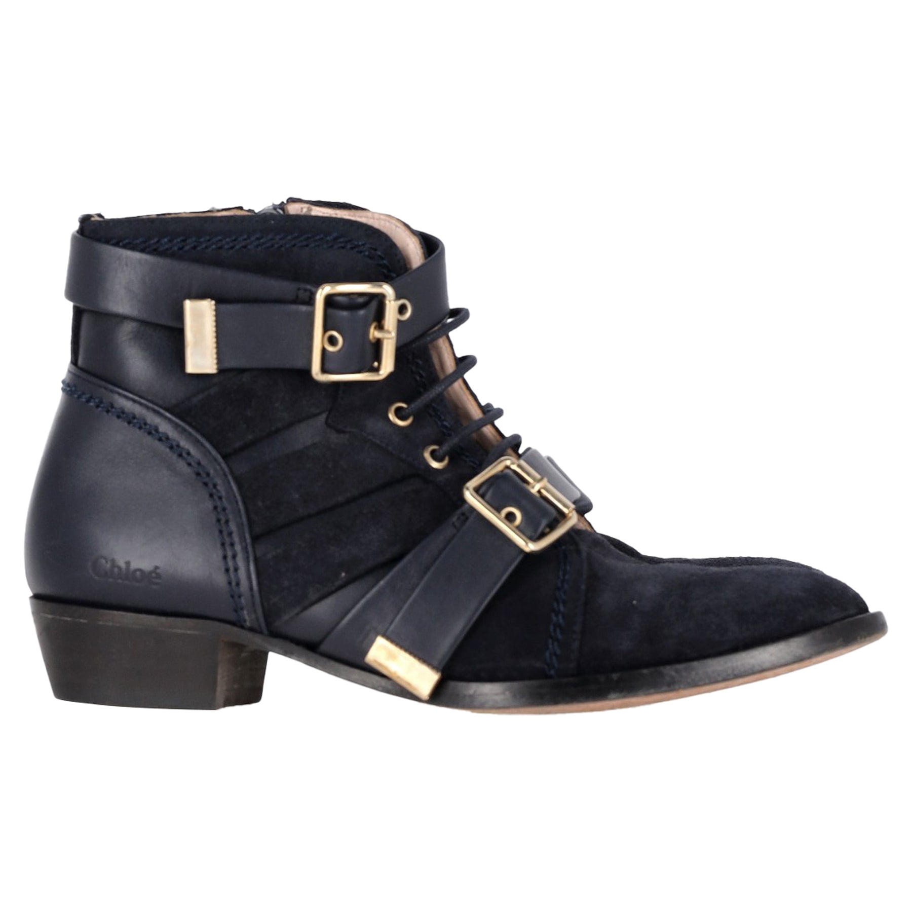 Chloé Buckled and mit Schnürung Detail Stiefeletten in schwarz Veloursleder 7833149505596