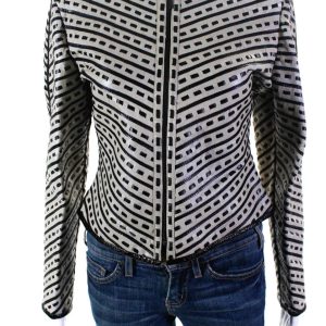 Natto Damen gewebt Leder Streifen hohen Hals voller Reißverschluss Jacke grau schwarz Medium – 7833614483516
