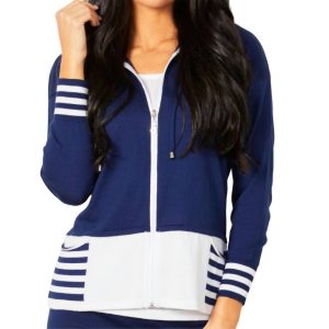 Zip Up Kapuzenpullover Doppelstreifen mit Taschen in Marineblau/white
