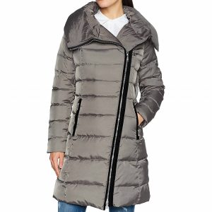 Asymmetrischer langer Puffermantel „Brooklyn“ in Nerzgrau