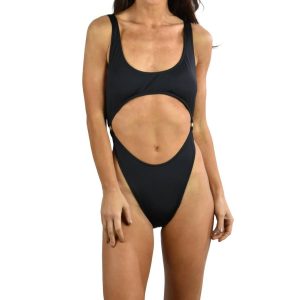 solide Ring Monokini einteiliger Badeanzug in schwarz 7803861139516