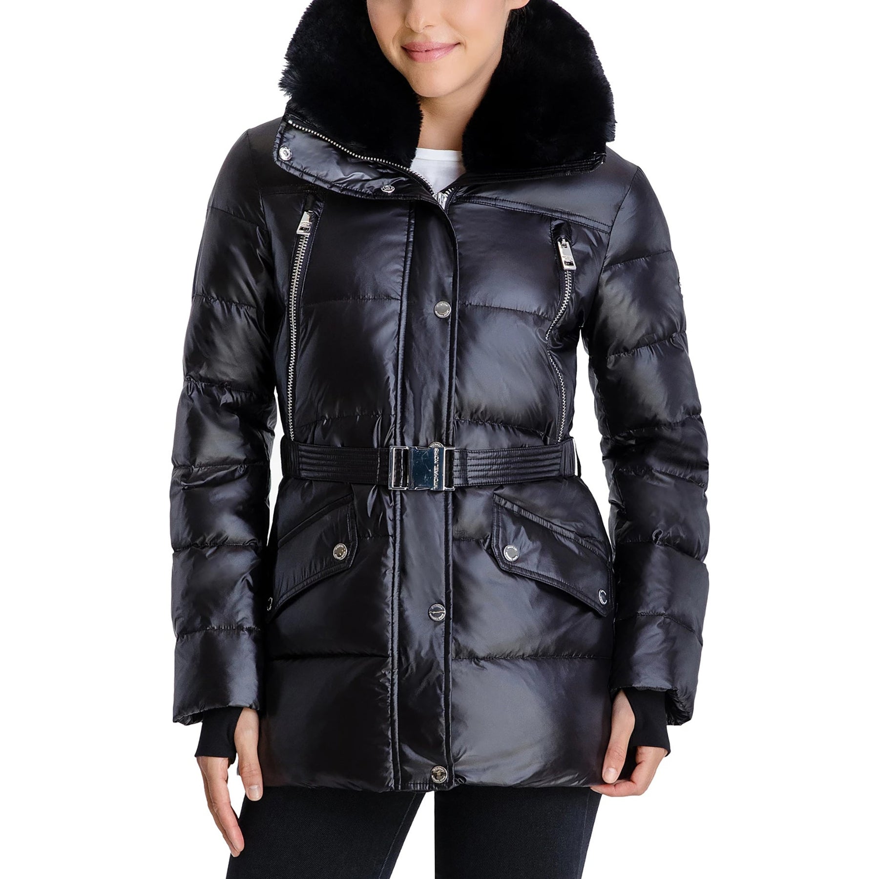 Michael Kors schwarz glänzend nach unten Gürtel Kunstfell Kragen gesteppt Mantel Jacke