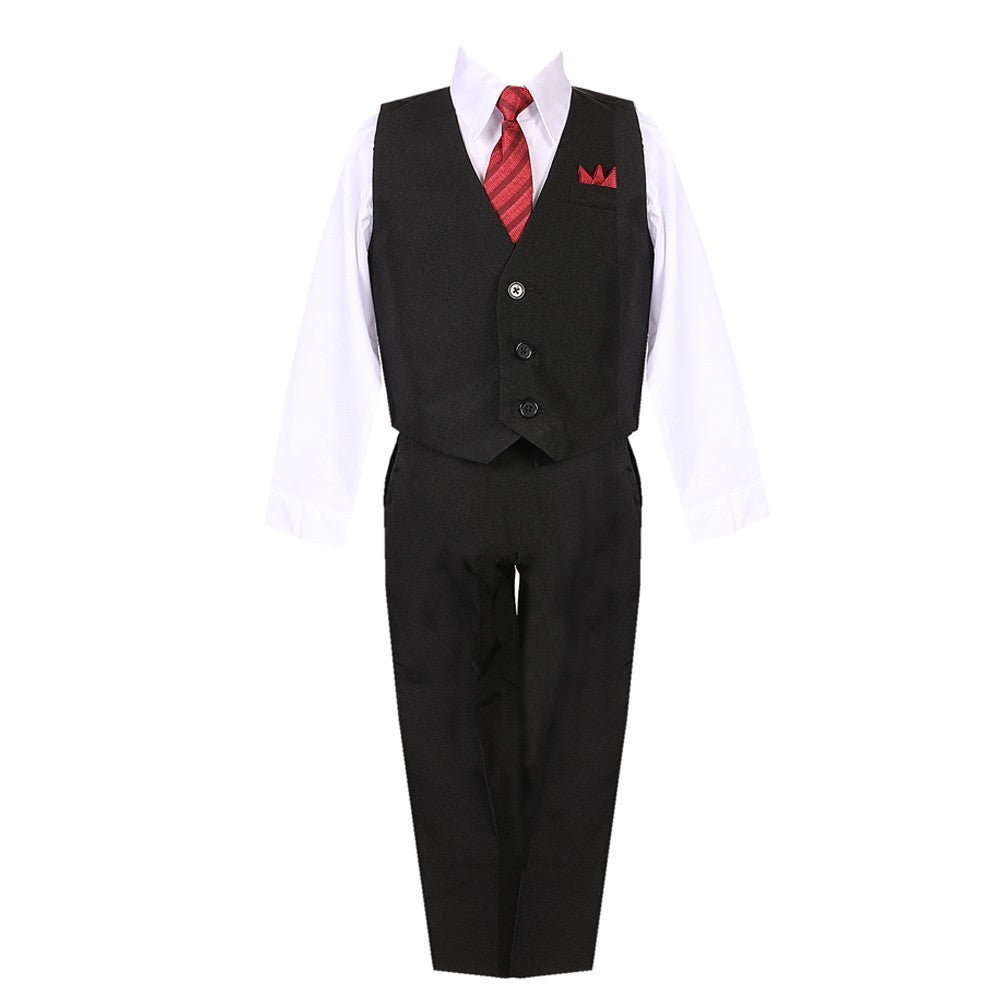 Schwarz-weißes Hemd für große Jungen, Weste, Hose, Krawatte, Tasche, Taschentuch, 5-teiliger Anzug, 8–20