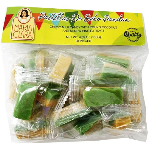Maria Clara – Pastillas de Buko Pandan – weich und kaubar Milchbonbons mit junger Kokosnuss und Zirbenextrakt – 20 Stück – 133 g