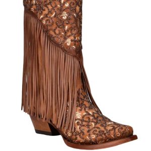 Overlay-Cowboystiefel mit weißer Lammfransen-Stickerei und Snip-Toe für Damen in Honig
