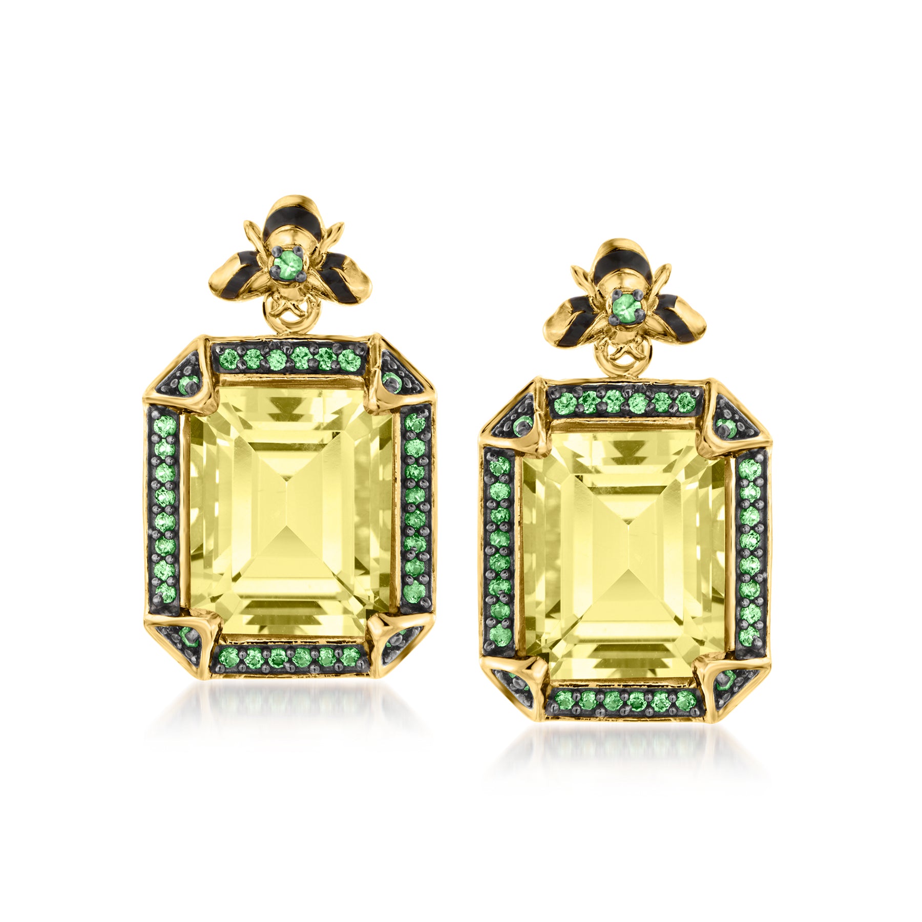 Ross-Simons Zitrone Quarz und Tsavorite Hummel Tropfen Ohrringe mit schwarzem Emaille in 18kt Gold über Sterling 7748815487036