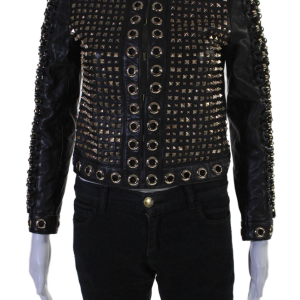 Alice + Olivia Damen Haken vorne geflochten studed grommet Lederjacke schwarz xs – 7833604096060