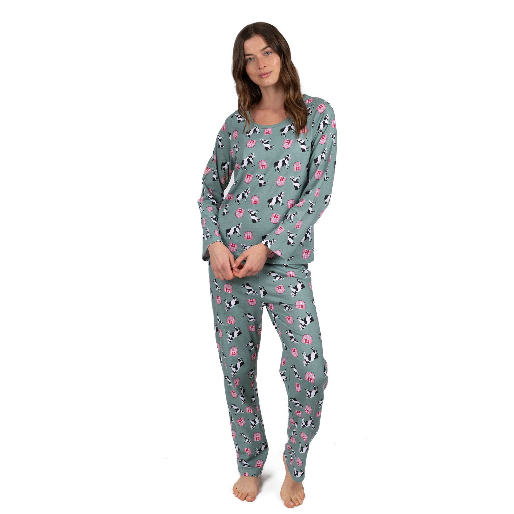Damen zwei Stück Baumwolle lose Passform Pyjamas Kuh grün