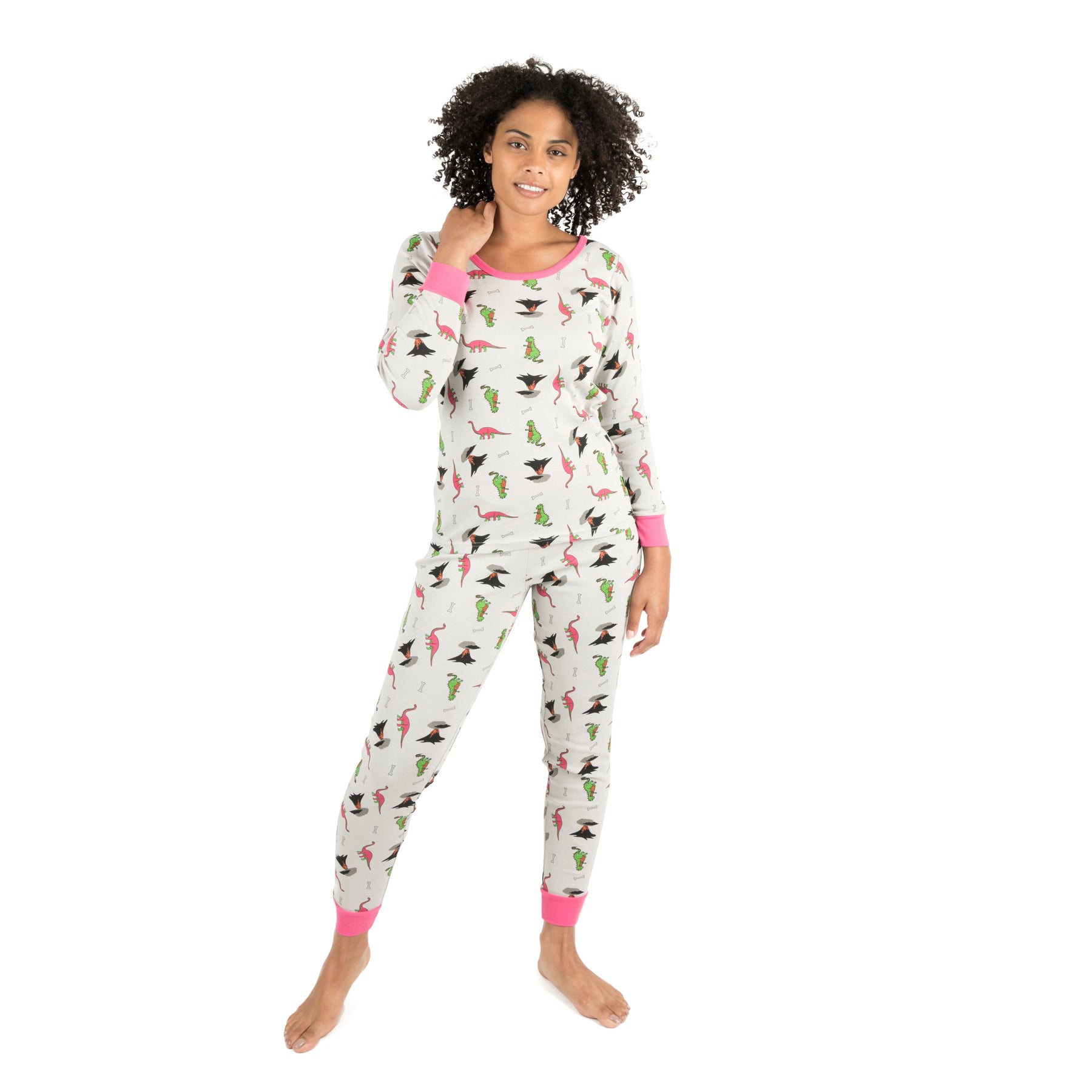 Damen zwei Stück Baumwolle Pyjama Dinosaurier grau