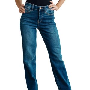 hoher Bund Knopf fliegen gerade Jeans in mittlerer Waschung 7704769331260