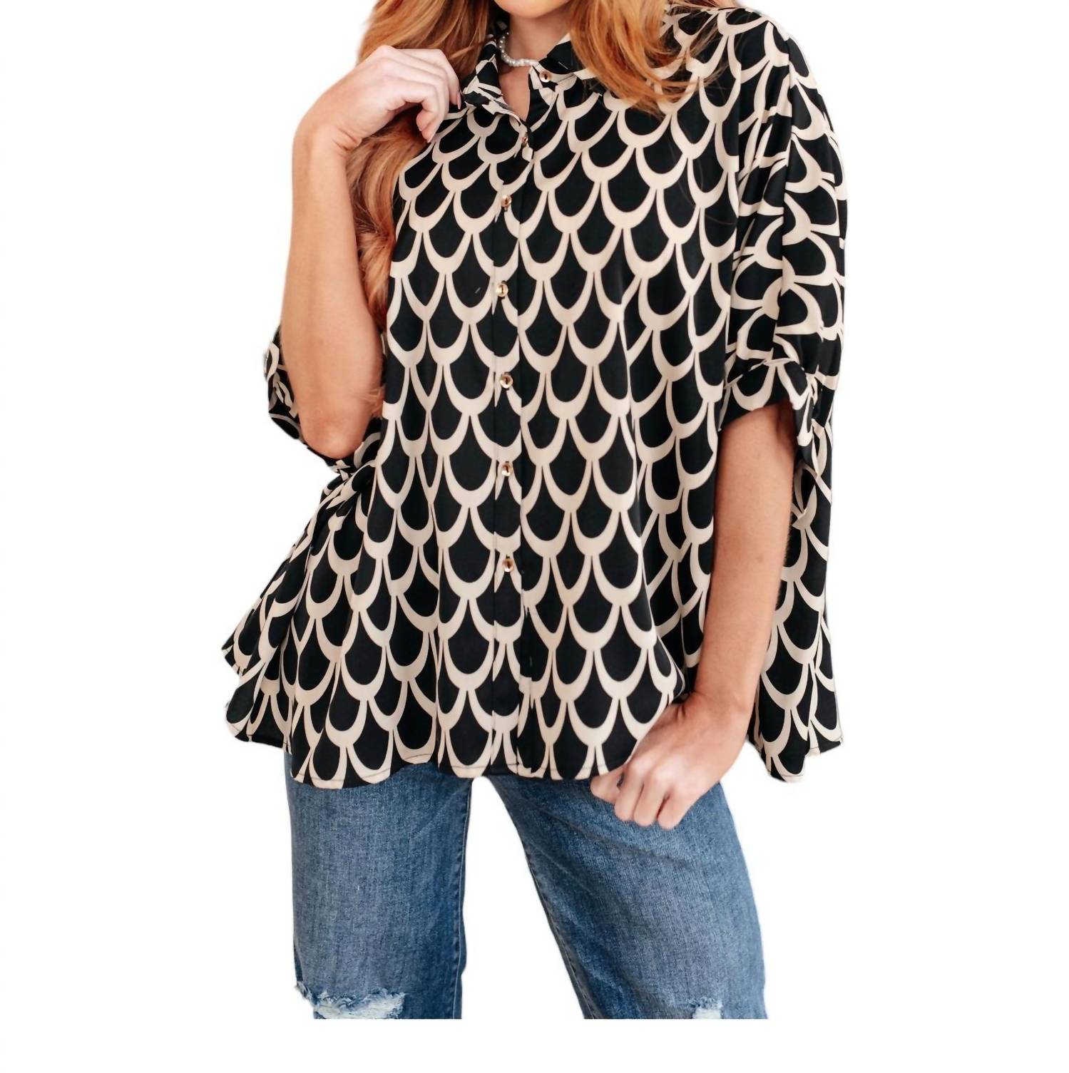 Art Deco Button Up Blouse in Schwarz 7766582591548