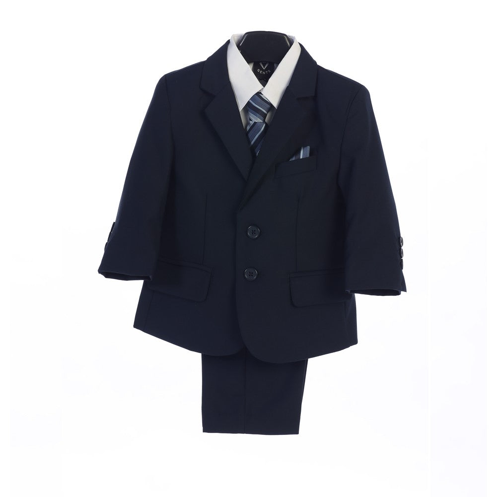 Marineblaue Jacke, Weste, Krawatte, Einstecktuch, Hemd, Hose, 5-teiliger Anzug 2T-7