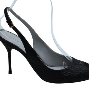 Sergio Rossi Peep Toe Slingback Fersen aus schwarzem texturiertem Leder 7833157042236