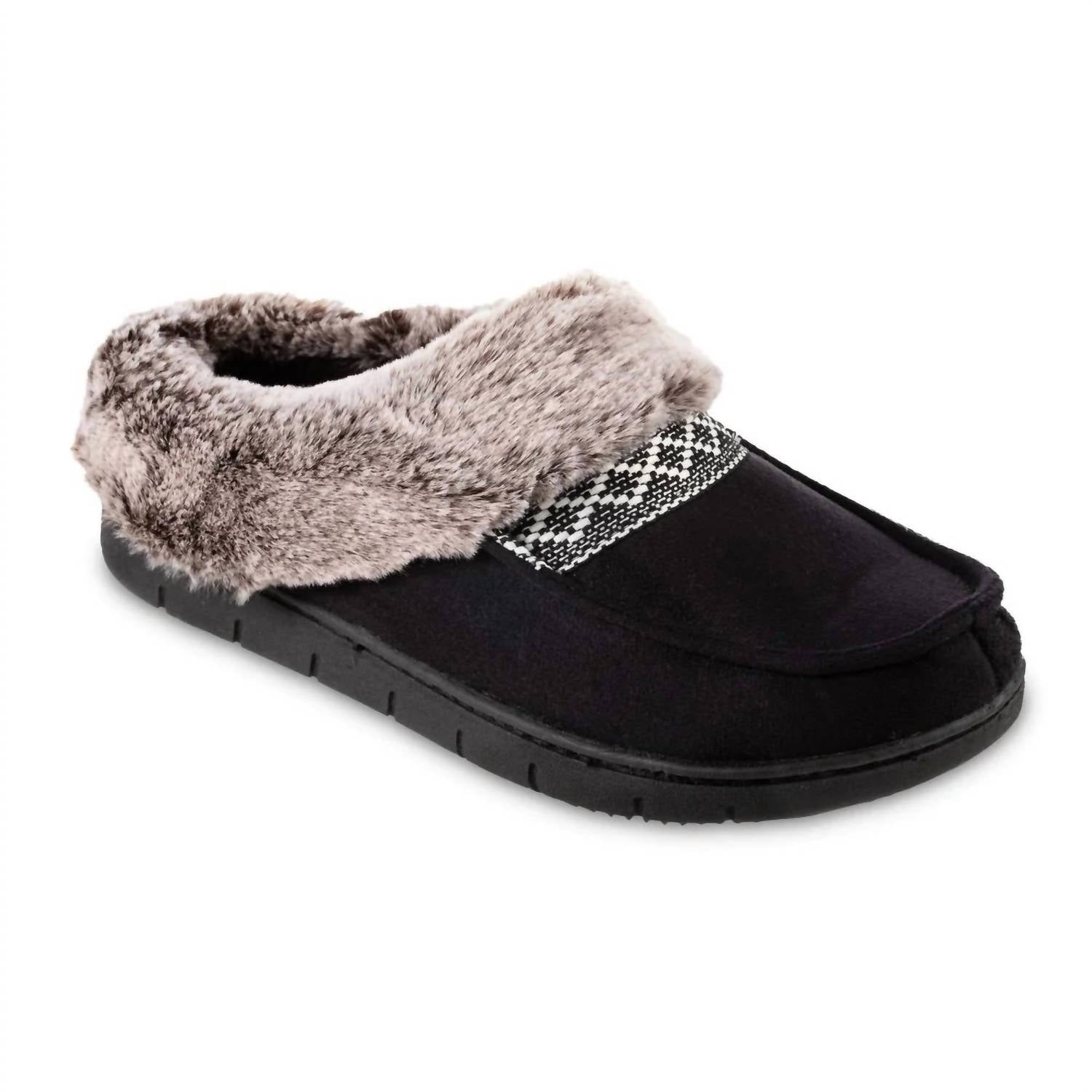 Damen recycelte Microsuede und Kunstfell Kapuzen-Rücken-Slipper in schwarz