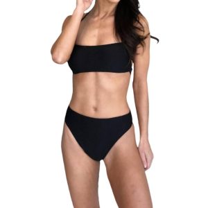 Einfarbiges Bandeau-Bikini-Top mit Schnürung in Schwarz – 7803898036284