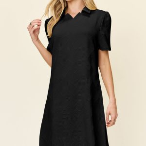 Full Size Texture Collared Neck Kurzarmkleid – 7806021599292