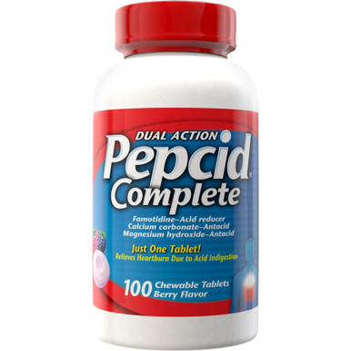 Pepcid Complete Dual Action, Beerengeschmack Kautabletten, 100-fach, Säurereduzierer + Antazida, schnelle Sodbrennenentlastung