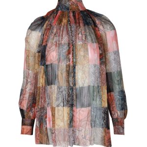 Zimmermann Ninety-Six Lattice-Trimmed bedruckte Bluse aus mehrfarbigem Leinen und Seidenblend Gaze 7703681302588