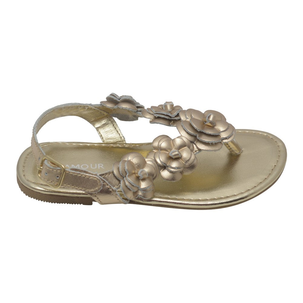 Tangas-Sandalen für Mädchen mit goldener Blumen- und Blütenakzent-Schnalle, 11–4 Kinder
