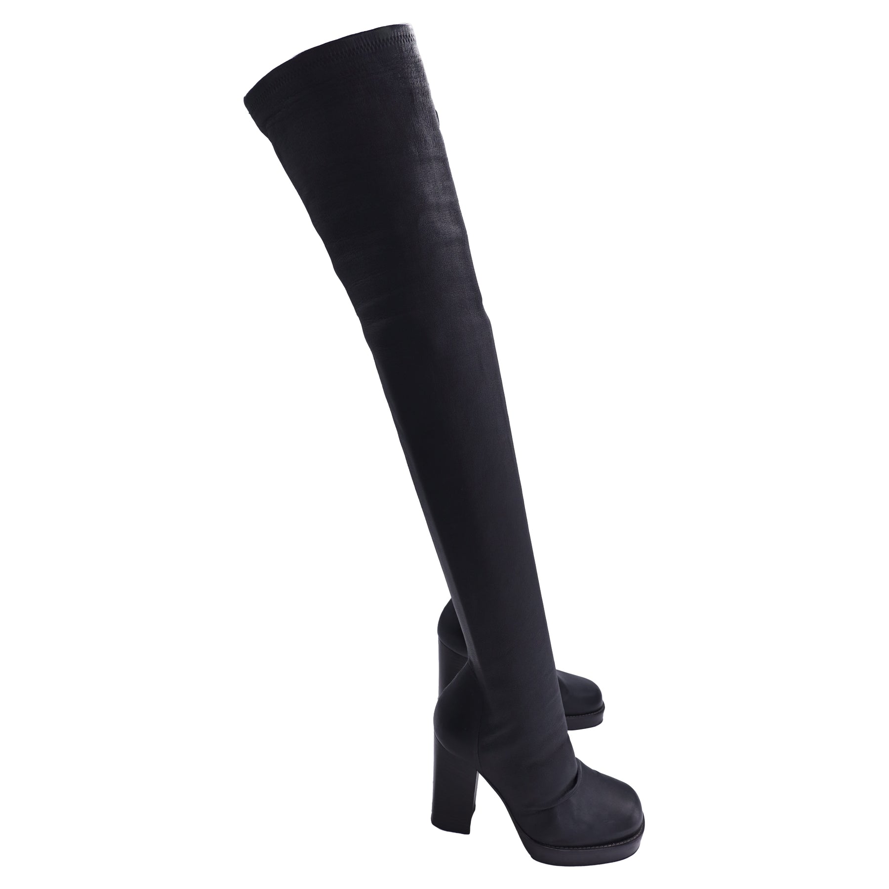 Rick Owens Stocking Chunky Stretch Oberschenkel hohe Stiefel in schwarzem Leder