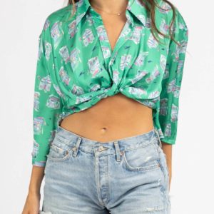 Front Twist Crop Top in grün gemustert