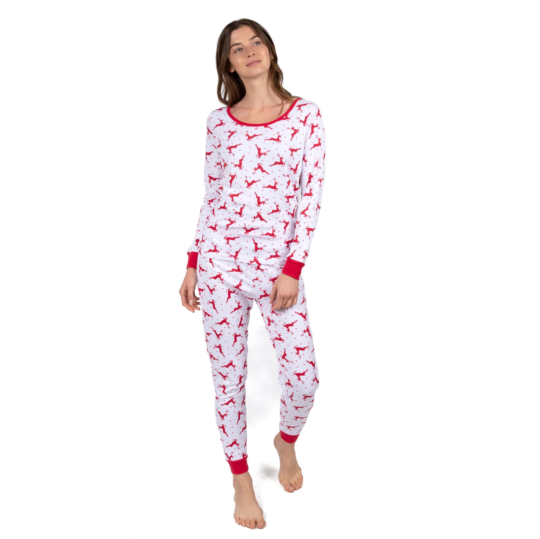 Christmas Damen zwei Stück Baumwolle Pyjama Rentiere rot und weiß