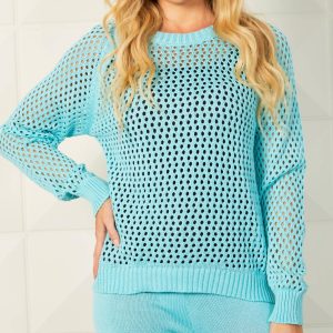 Gehäkelter Pullover mit Rundhalsausschnitt in Aqua
