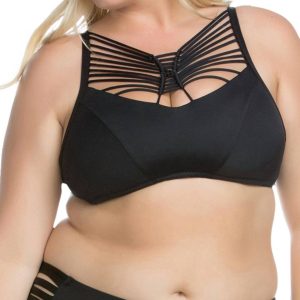 Electric Current – hochgeschlossenes Neckholder-Bikini-Top mit Makramee in großen Größen in Schwarz – 7676722643004