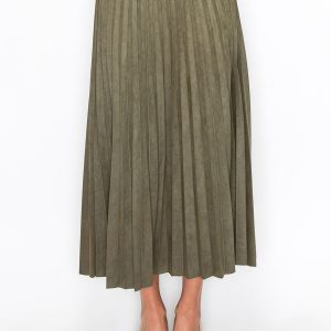Olivgrüner plissierter Midirock aus Veloursleder – 7833084231740